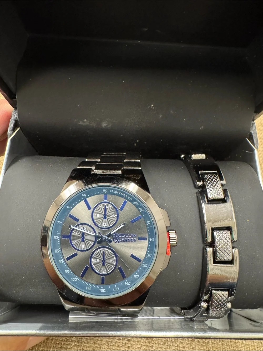 American Exchange Men's Quartz Chronograph Tachymeter Black Bracelet Watch Box